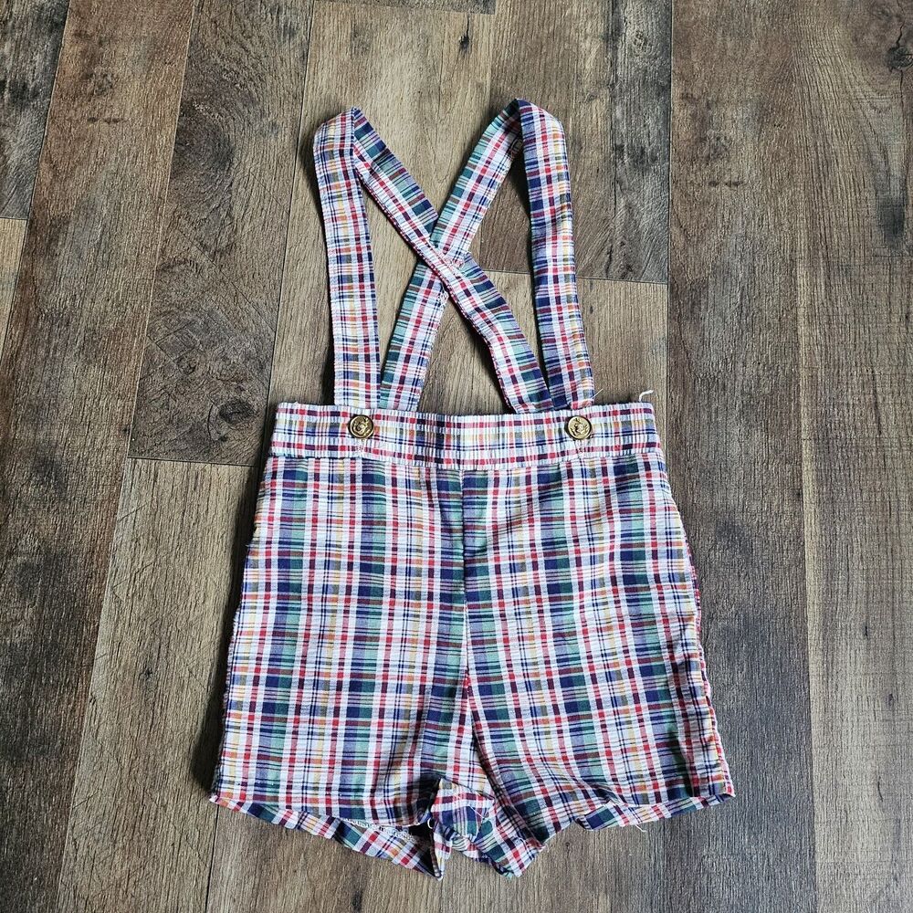 Vintage Plaid Overalls Shorts Kids Toddler 24 Months Made In USA